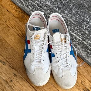 Onitsuka Tiger by Asics White Sneakers with Blue and Red Stripes